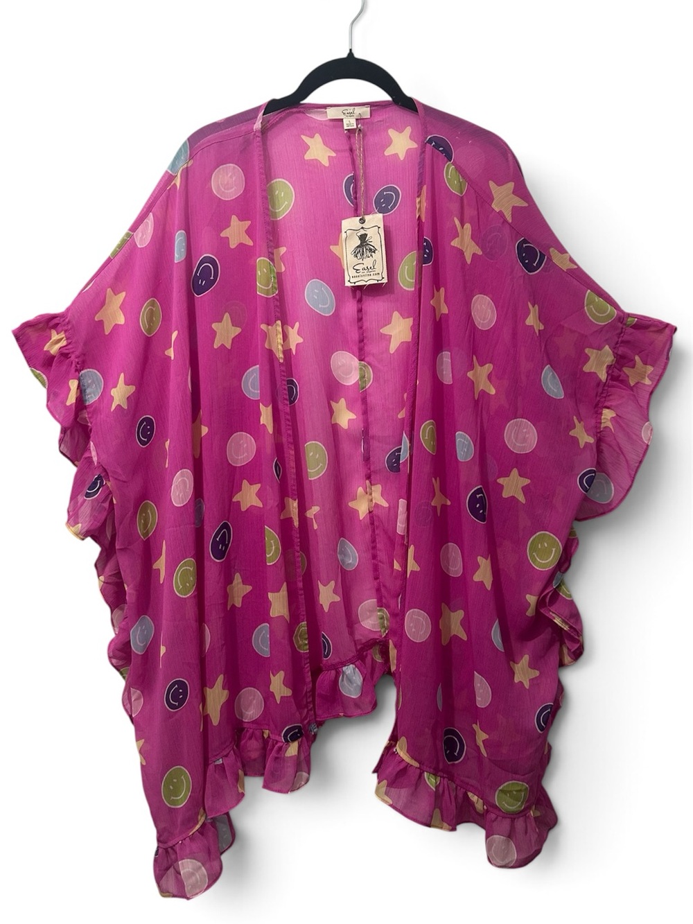 Easel Oh My Gauze Ruffle Trim Kimono Pink Purple Novelty Print Smiley Faces Star
